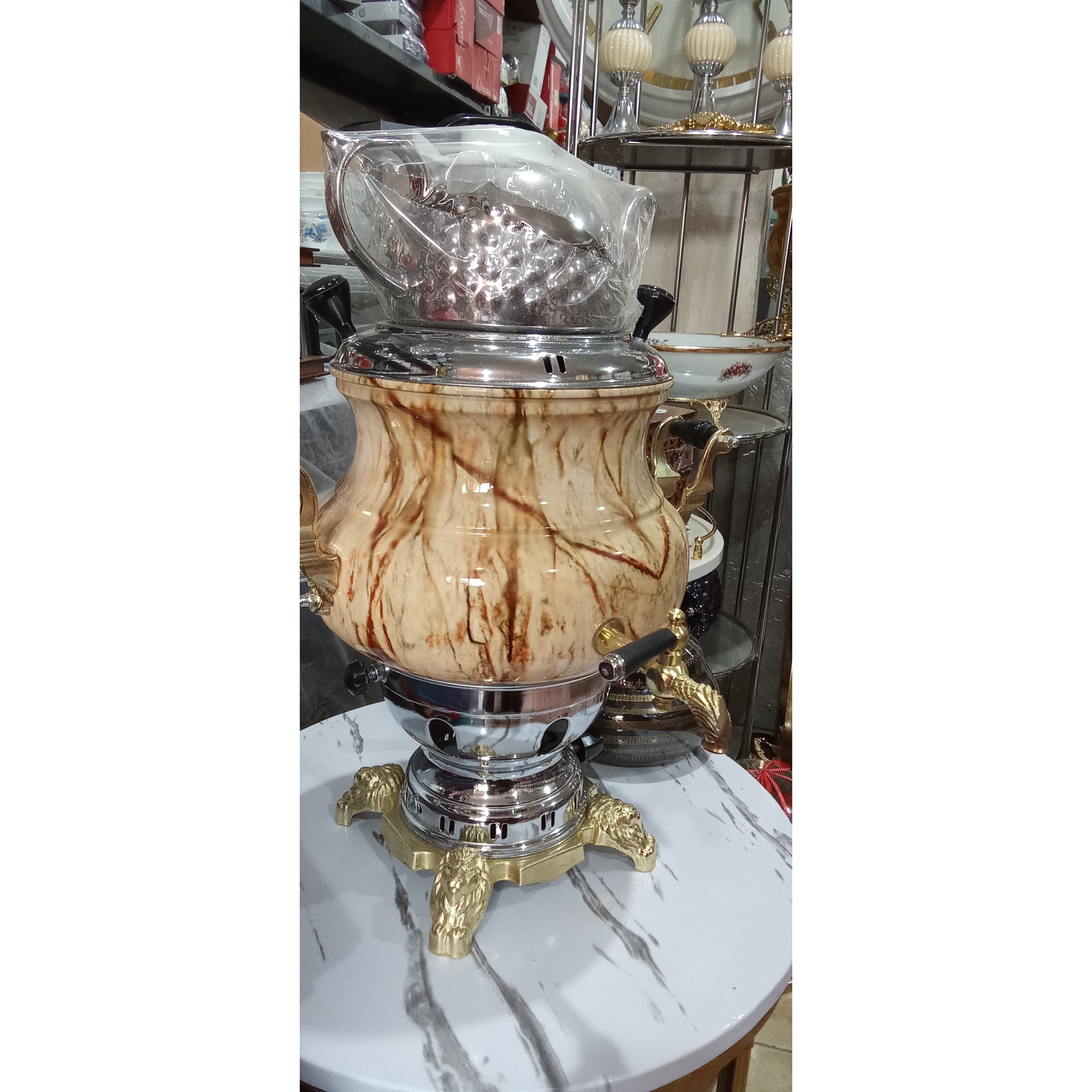 سماور گازی سه کاره م محصول برادران ساخت ایران بدنه استیل ضد زنگ قوری چینی درجه یک