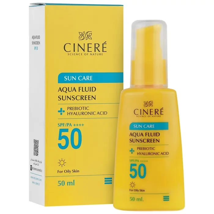 فلوئید ضد آفتاب رنگی بژ طبیعی صورت سینره SPF 50 مدل AQUA محافظ UVA ،UVB و ++++PA مناسب برای انواع پوست حجم 50 میلیلیتر