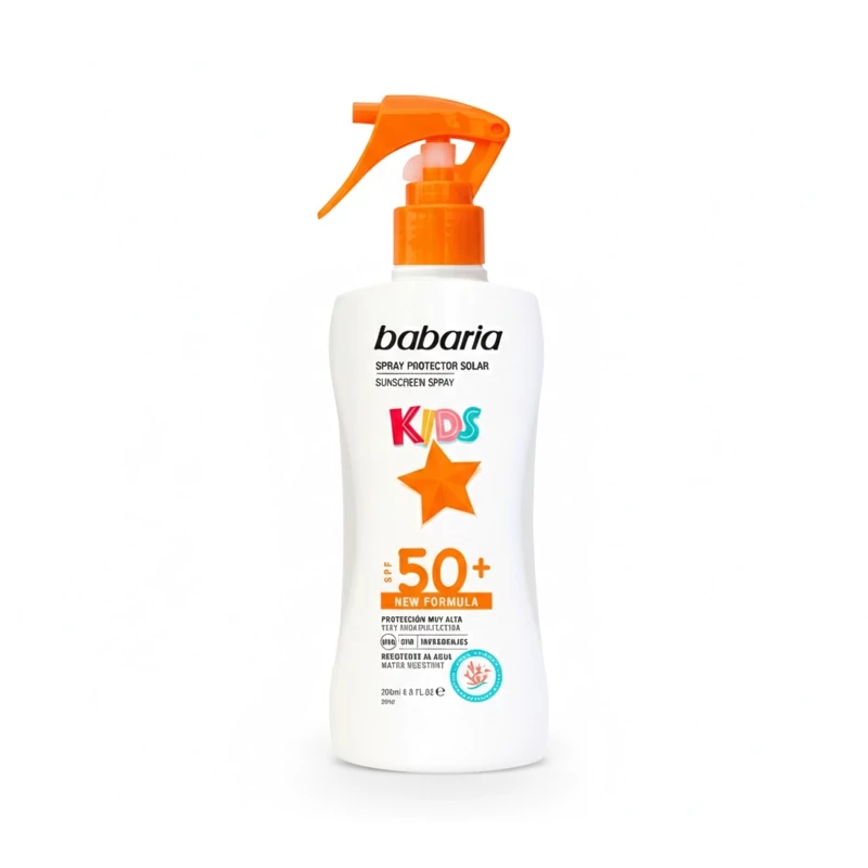 اسپری ضد آفتاب بیرنگ صورت، بدن باباریا SPF 50 مدل KIDS مناسب برای پوست حساس حجم 200 میلیلیتر