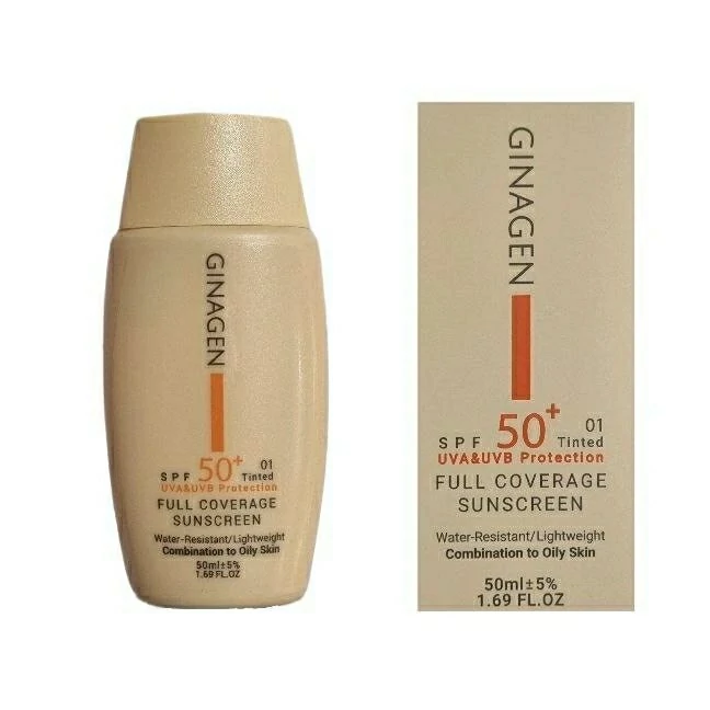 کرم ضد آفتاب رنگی ژیناژن، SPF 50، مدل 01، مناسب پوستهای خشک و نرمال با تنالیته متوسط و حجم 50 میلیلیتر، ضد آب، فاقد پ...
