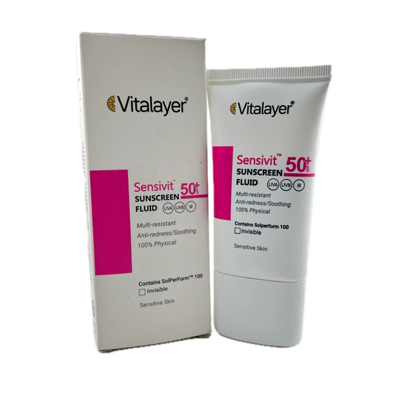 فلوئید ضد آفتاب پوست حساس سنسی ویت SPF50 نچرال بژ 50 میل ویتالیر