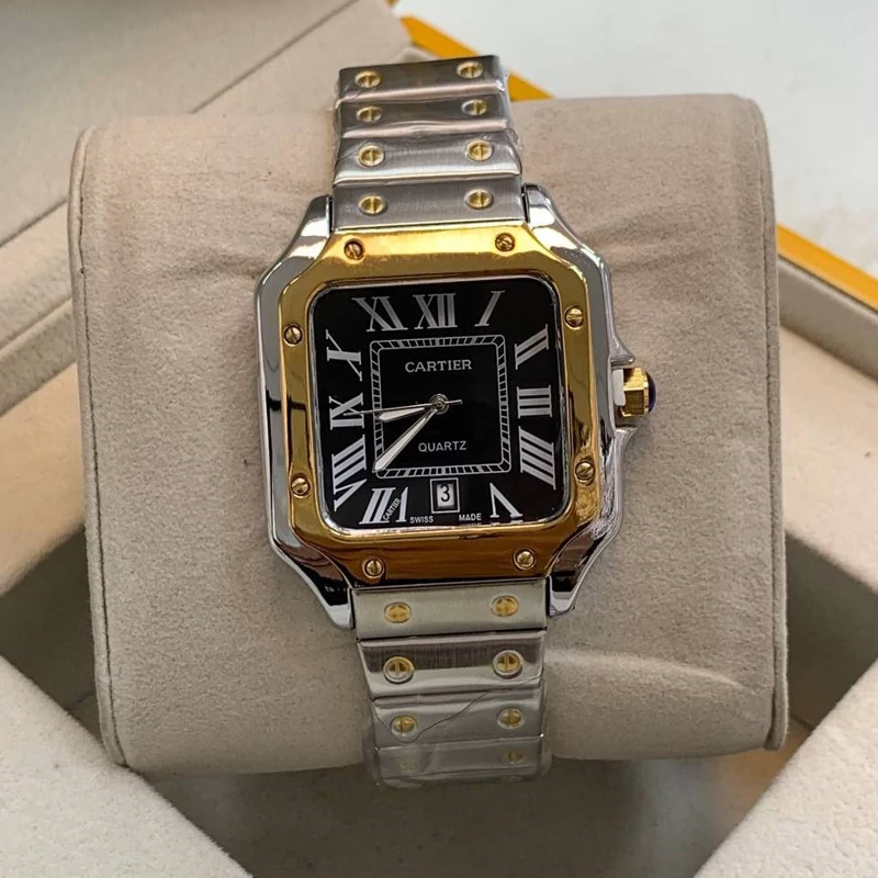 ساعت کارتیه سانتوس نقره ای صفحه مشکی Cartier Santos
