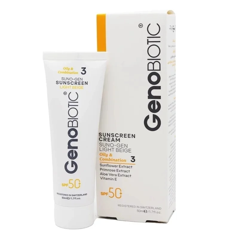 کرم ضدآفتاب رنگی ژنوبایوتیک SPF 50 مدل SUNO محافظ UVA ،UVB، مناسب پوستهای چرب، حجم 50 میلیلیتر