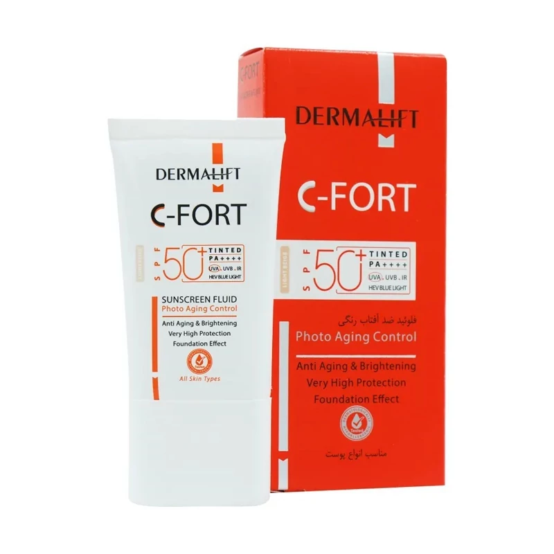 فلوئید ضد آفتاب بی رنگ درمالیفت SPF 50 مدل C-Fort محافظ UVA ،UVB و PA++++، حاوی ویتامین C، ضد پیری، مناسب انواع پوست ...