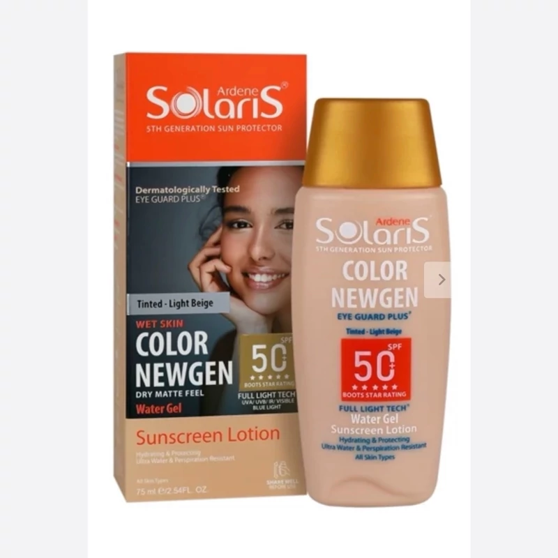 لوسیون ضدآفتاب SPF50 کالر نیوژن فاقد چربیColor Newgen آردن سولاریس بژ طبیعی انواع پوست 1407 75 میل