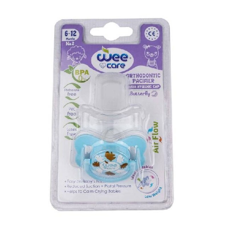 پستانک ارتودنسی وی کر مدل سفید چاپدار دربدار پروانه سایز+12ماه (Wee Care-P126)