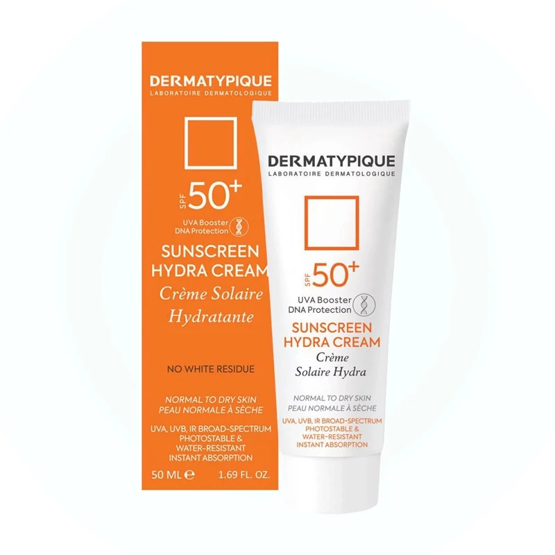 کرم ضد آفتاب درماتیپیک بی رنگ هیدرا مدل Hydra با SPF +50 مناسب پوست خشک و نرمال حجم 50 میلی