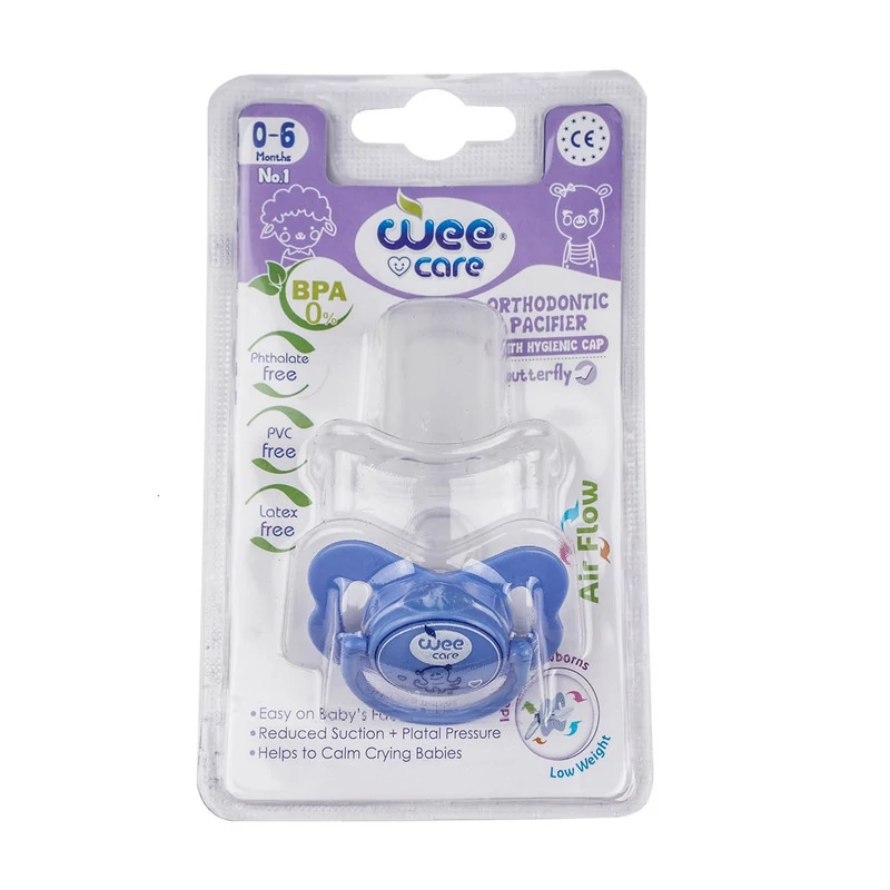 پستانک ارتودنسی وی کر مدل مات چاپدار دربدار پروانه سایز0تا6ماه (Wee Care-P124)