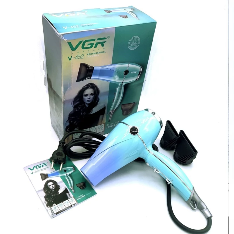 سشوار حرفهای 2000 وات وی جی ار مدل V-452، موتور AC، وزن 900 گرم، دارای سری متمرکزکننده باریک با ویژگی صافکنندگی، حجمد...