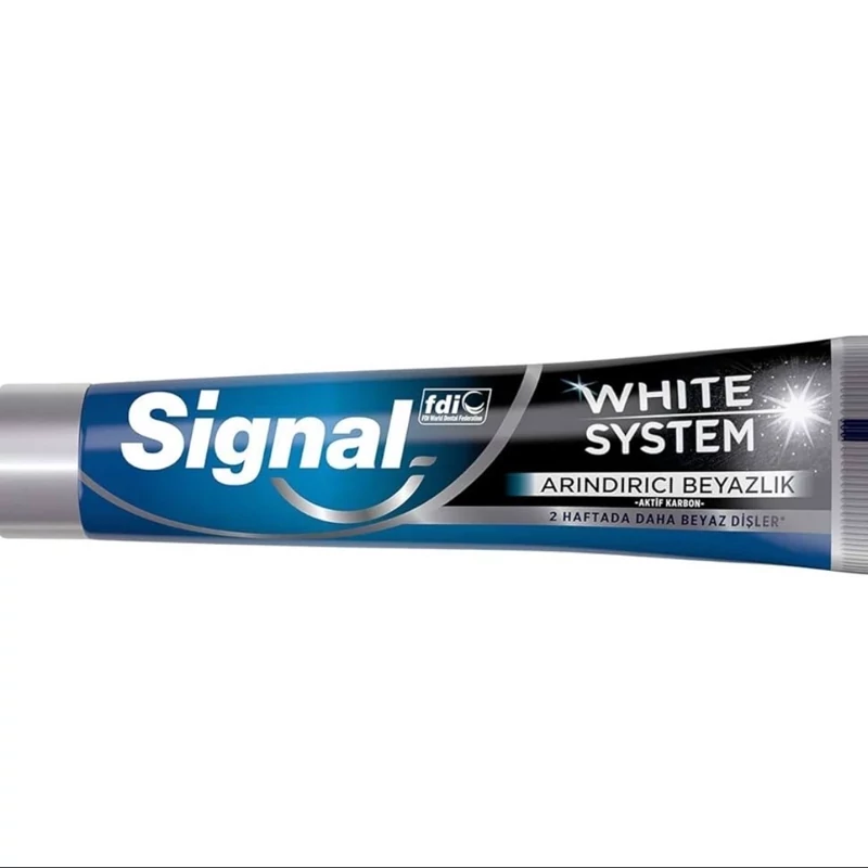 خمیر دندان زغالی سفید کننده Signal سیگنال سری white system وایت سیستم حجم 75 میل ( از بین برنده آلودگی و کثیفی دندان)