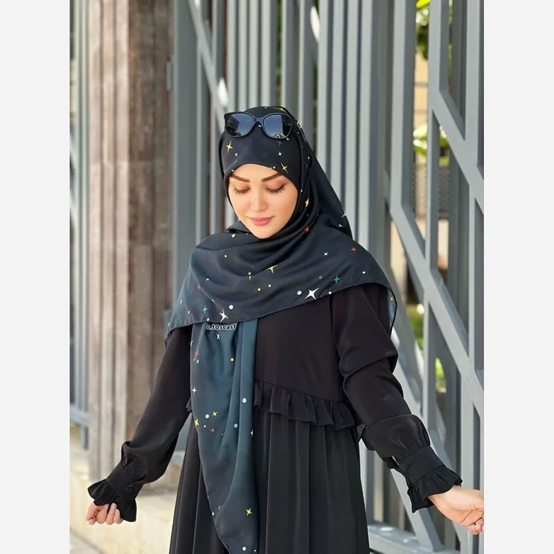 شال نخی طرح ستاره شب سرمه ای قواره بزرگ 140 سانتی متر