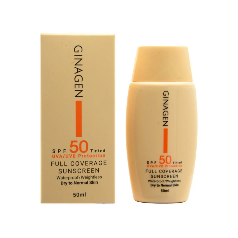 ضد آفتاب ضد آب رنگی SPF 50 ژیناژن مدل FULL COVERAGE شماره 02 رنگ رز بژ مناسب پوست چرب و مختلط حجم 50 میل