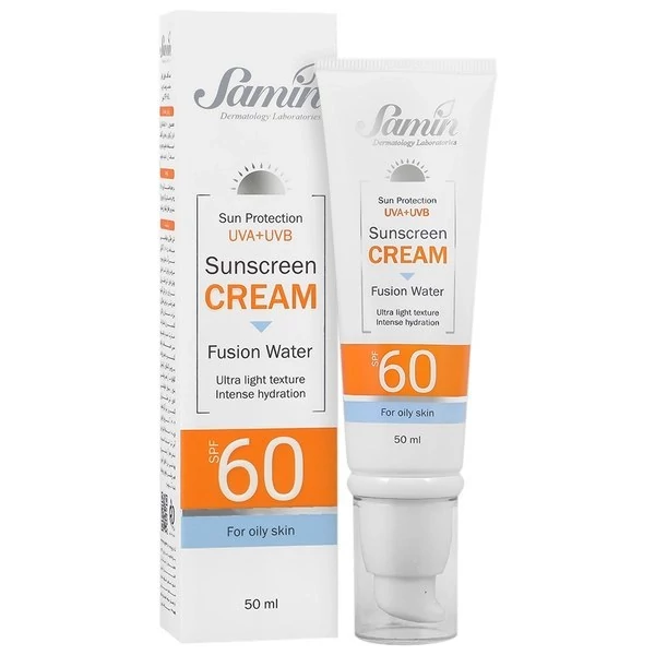 کرم ضد آفتاب بی رنگ صورت ثمین SPF 60 مدل Fusion Water محافظ UVA ، UVB مناسب برای پوست های چرب حجم 50 میلی لیتر
