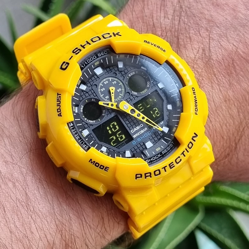 ساعت مچی جی شاک GA-100A-9A زرد (جیشاک GShock) های کپی تمام فول تنظیم اتوماتیک با پایتخت کشورها ،اتولایت اتوماتیک