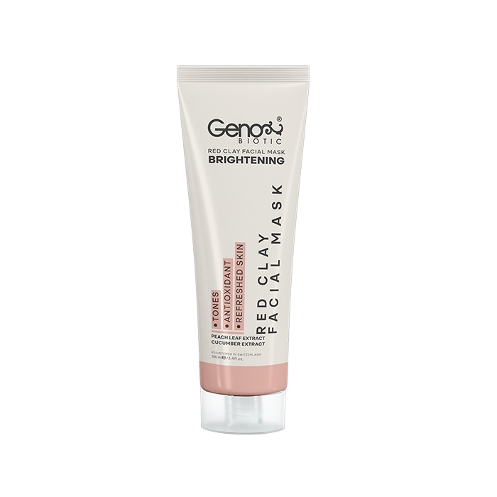 ماسک صورت و گردن روشنکننده و لایهبردار خاک رس قرمز ژنوبایوتیک مدل Red Clay حجم 100 میلیلیتر با عصاره برگ هلو و خیار، 