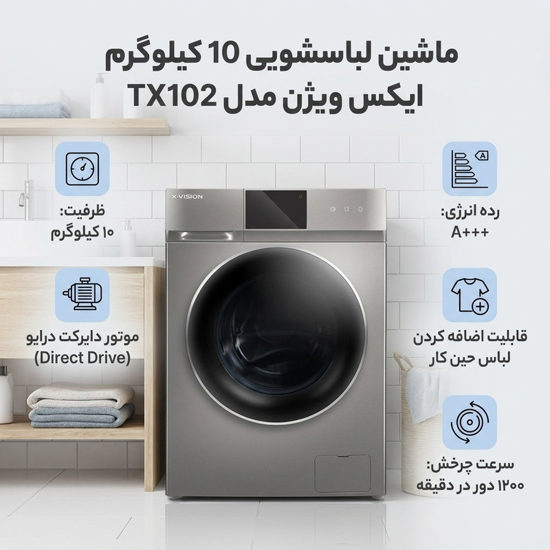 ماشین لباسشویی 10 کیلوگرم اتوماتیک ایکس ویژن مدل TX102-AWDASD