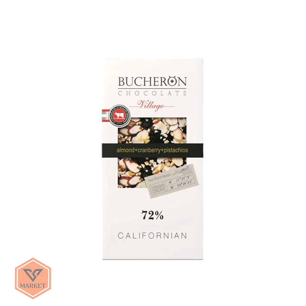 خرید شکلات تلخ 72٪ بوچرون مدل کالیفرنیایی با بادام، کرنبری و پسته (Bucheron Californian)