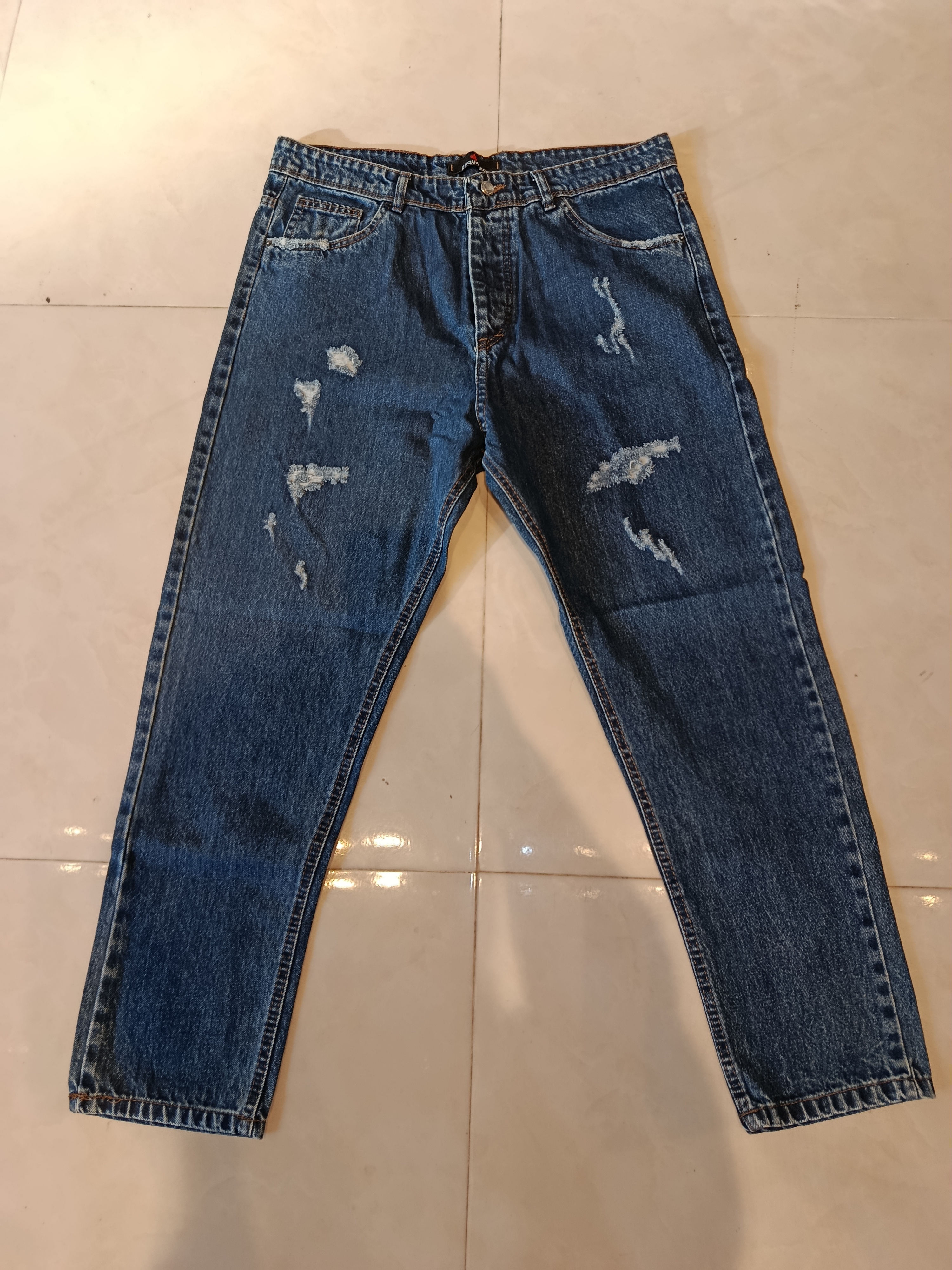 شلوار مامفیت مردانه آبی نفتی سنگشور زاپ دار Mom Fit Dark Blue Stone Wash Destroyed