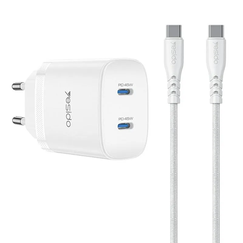 شارژر دیواری 45 وات یسیدو مدل YC109، دو درگاه USB-C PD/PPS، به همراه کابل USB-C، دوشاخه EU