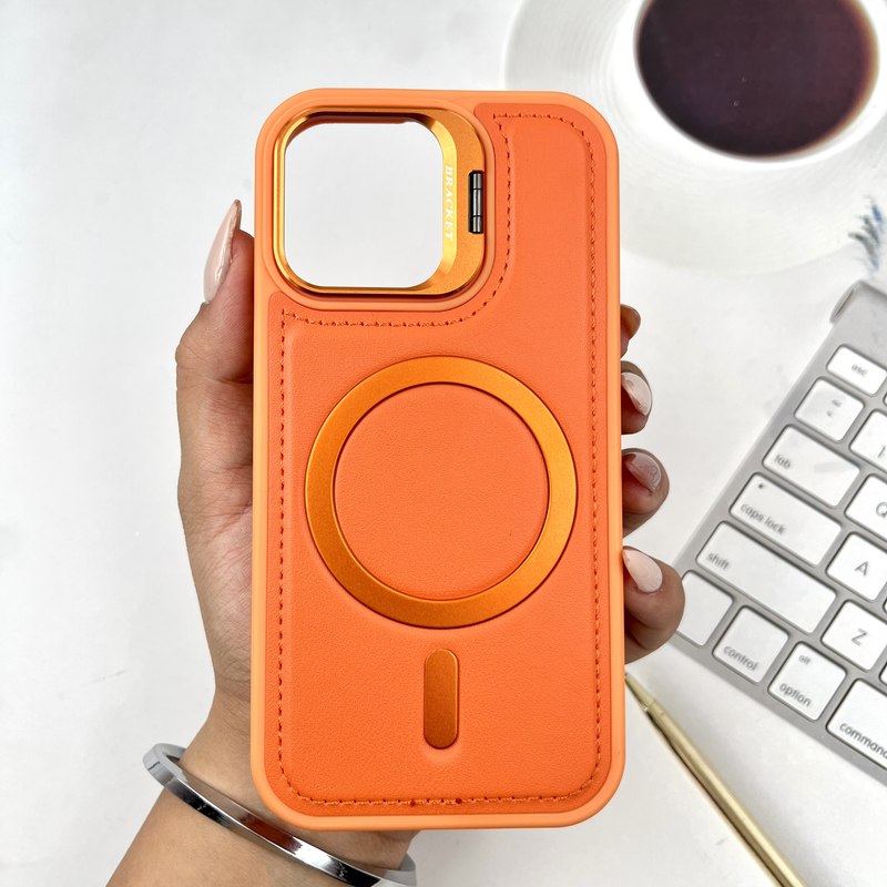 قاب گوشی iPhone 16 آیفون Leather Armor Case چرم دور دوخت مگ سیف Magsafe اورجینال لنز فلزی استند شو نارنجی کد 778152