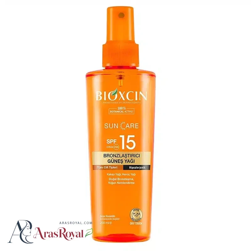 روغن آفتاب برنز کننده کاکائو و هویج بیوکسین Bioxcin spf15 حجم 200 میل