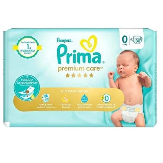 پوشک پمپرز پریما مدل premium care سایز 0 بسته 30 عددی