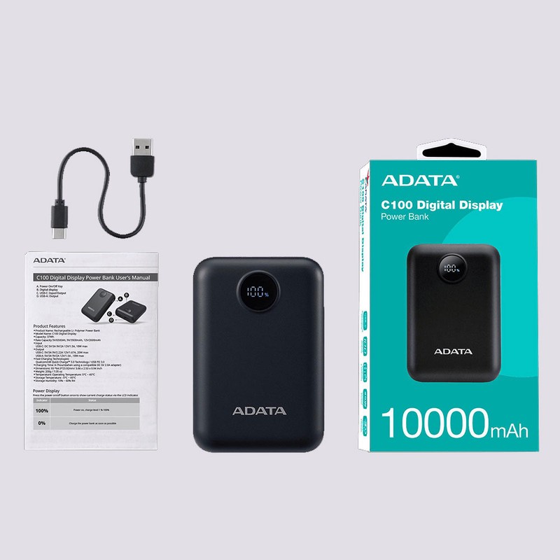 پاوربانک 20 وات ای دیتا مدل C100 Digital Display ظرفیت 10000 میلی آمپرساعت