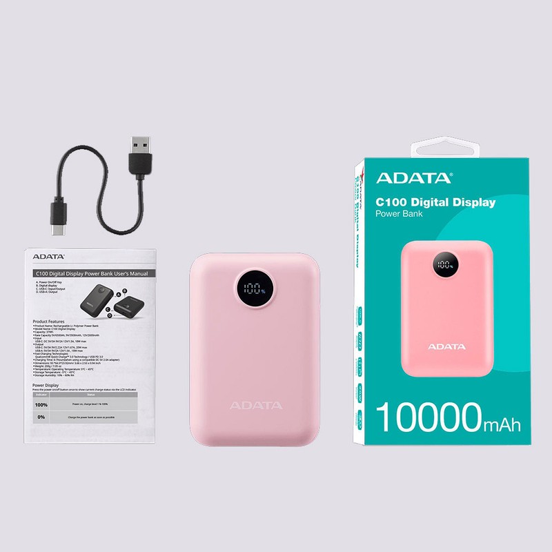 پاوربانک 20 وات ای دیتا مدل C100 Digital Display ظرفیت 10000 میلی آمپرساعت
