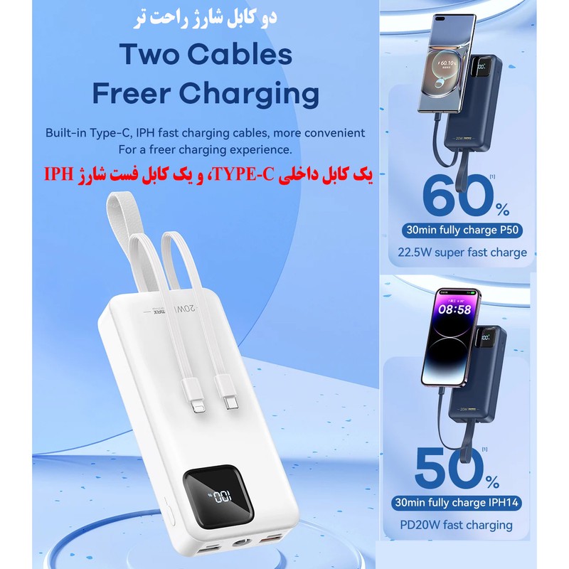 پاوربانک 22.5 وات ریمکس مدل RPP-550 ظرفیت 30000 میلی آمپر ساعت به همراه دو عدد کابل USB-C و لایتنینگ