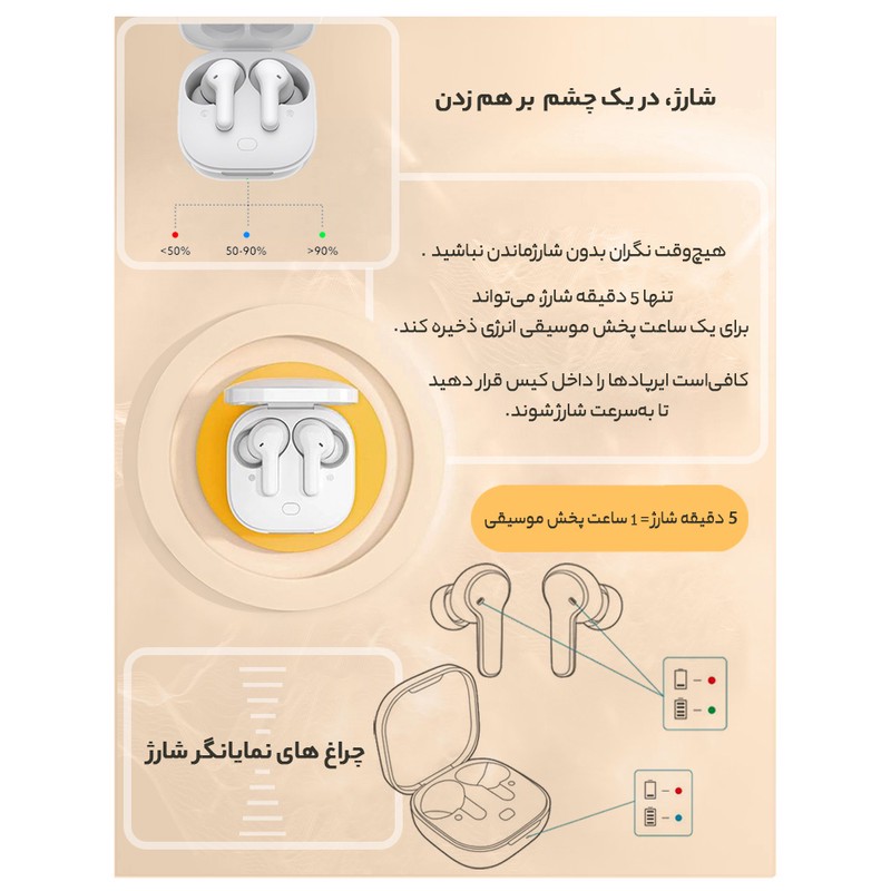 هدفون بلوتوثی کیو سی وای مدل T13 TWS با نویز کنسلینگ میکروفون (ENC)، درگاه شارژ USB Type-C، دارای میکروفون دوگانه، دا...