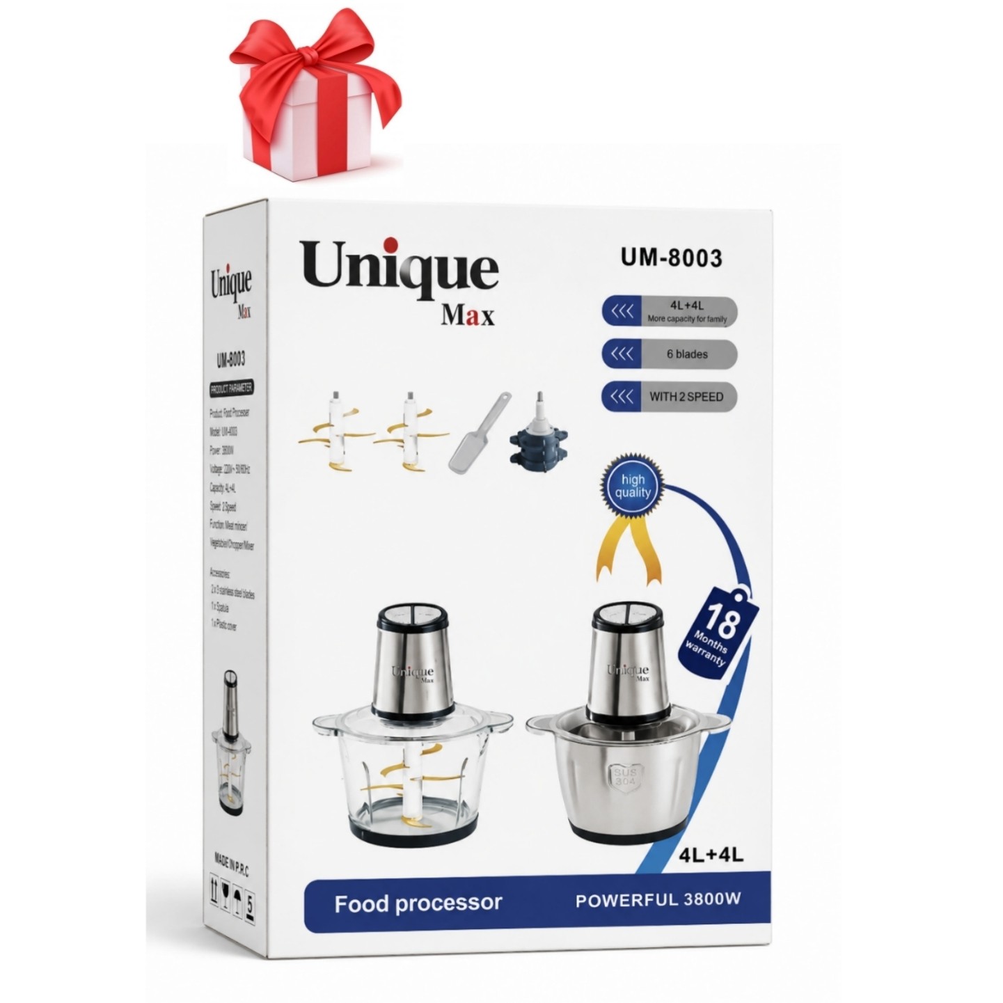 خردکن دوکاسه یونیک مکس 4 4 لیتر توان 3800 وات 12 تیغه کد UM-8003 (اقساطی و ارسال رایگان)