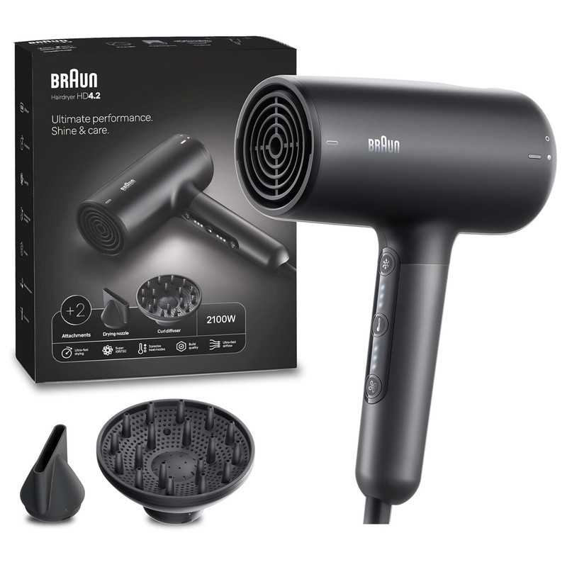 سشوار حرفه ای 2100 وات براون مدل HD425، موتور DC، وزن 500 گرم، دارای سری دیسپانسر، متمرکز کننده باریک با ویژگی فرکنند...
