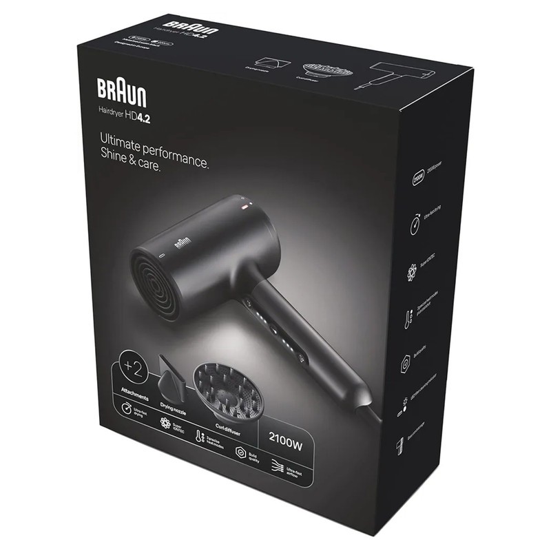 سشوار حرفه ای 2100 وات براون مدل HD425، موتور DC، وزن 500 گرم، دارای سری دیسپانسر، متمرکز کننده باریک با ویژگی فرکنند...