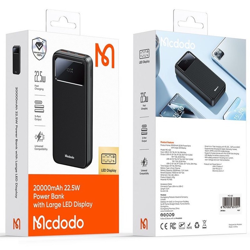 پاوربانک 22.5 وات مک دودو مدل MC422 ظرفیت 10000 میلی آمپرساعت به همراه 1 عدد کابل USB به USB C