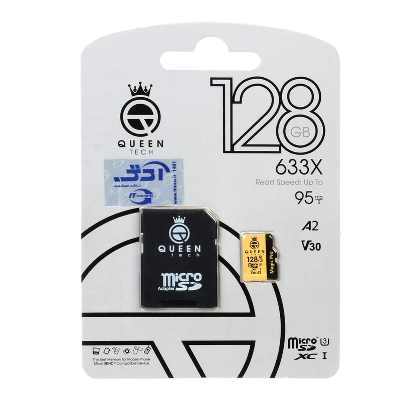 کارت حافظه microSDXC کوئین تک مدل magic pro 633X کلاس 10 استاندارد UHS-I U3 سرعت 95MBps ظرفیت 128 گیگابایت به همراه آداپ