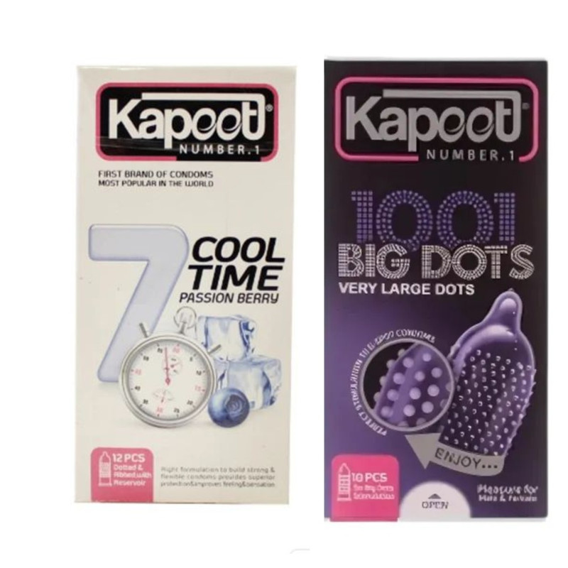 کاندوم خاردار کاپوت مدل BIG DOTS بسته 10 عددی به همراه کاندوم خنک کننده کاپوت مدل 7 cool time بسته 12عددی