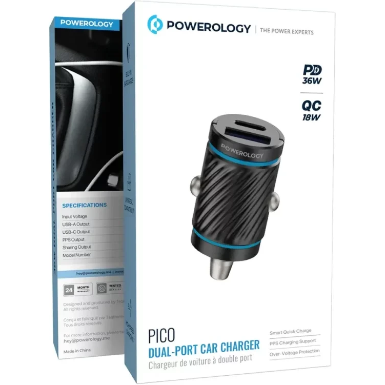 شارژر فندکی 36 وات دو پورت پاورلوژی Powerology Pico Dual-Port Car Charger PCCSR023BK