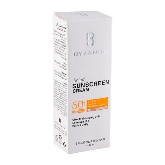 کرم ضد آفتاب بیزانس Byzance شماره 30 رنگ گلد بژ مناسب پوست خشک با +SPF50 حجم 40 میلی لیتر
