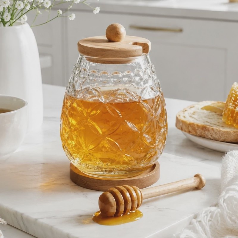 ظرف عسل خوری درب چوبی همراه با قاشق و زیره چوبی