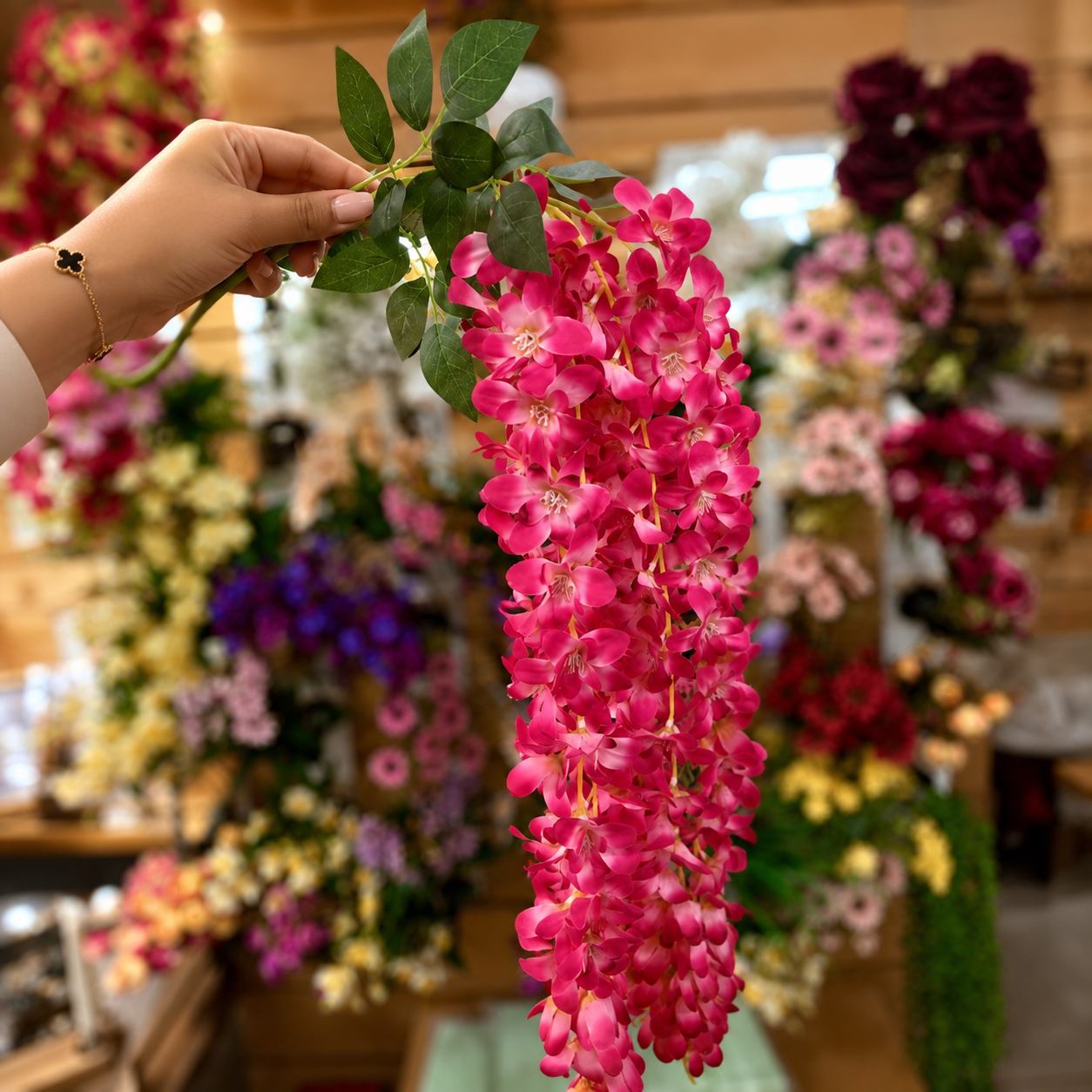 گل مصنوعی آویز اقاقیا، دسته 5 شاخه، ارتفاع 90 سانتیمتر، در دو رنگ