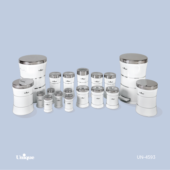 سرویس آشپزخانه 18 پارچه کمرباریک خطی سفید استیل کد UN-4593