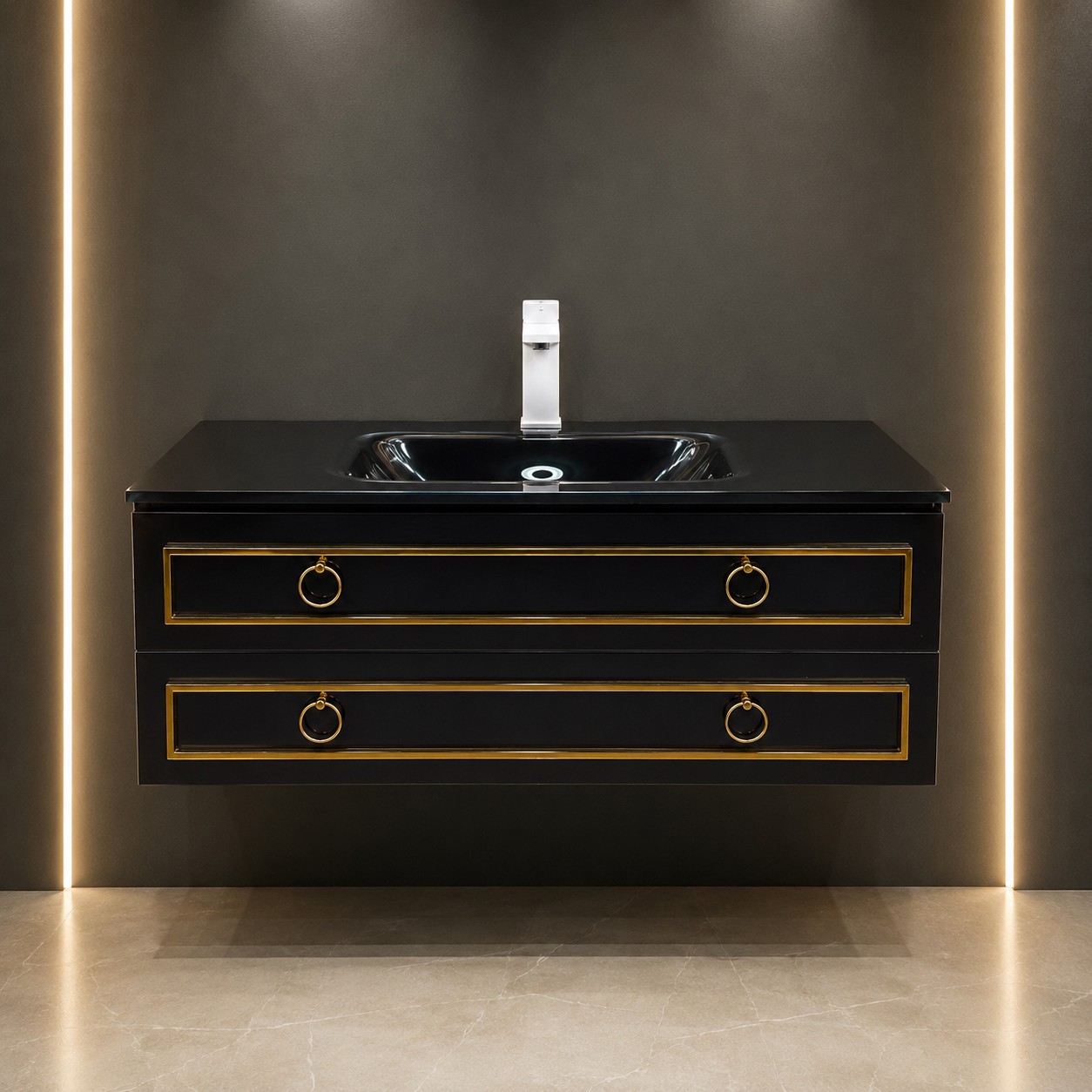 کابینت روشویی لاکچری مدل 1086 با طراحی کلاسیک و یراق آلات طلایی