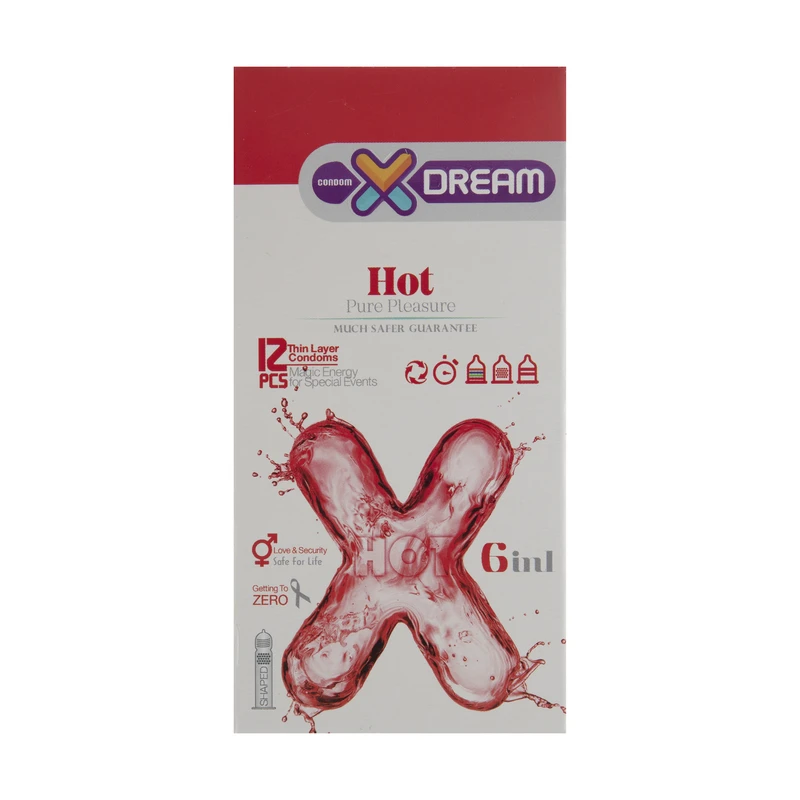 کاندوم تاخیری خاردار و شیاردار ایکس دریم مدل Hot حاوی ژل انار بسته 12 عددی