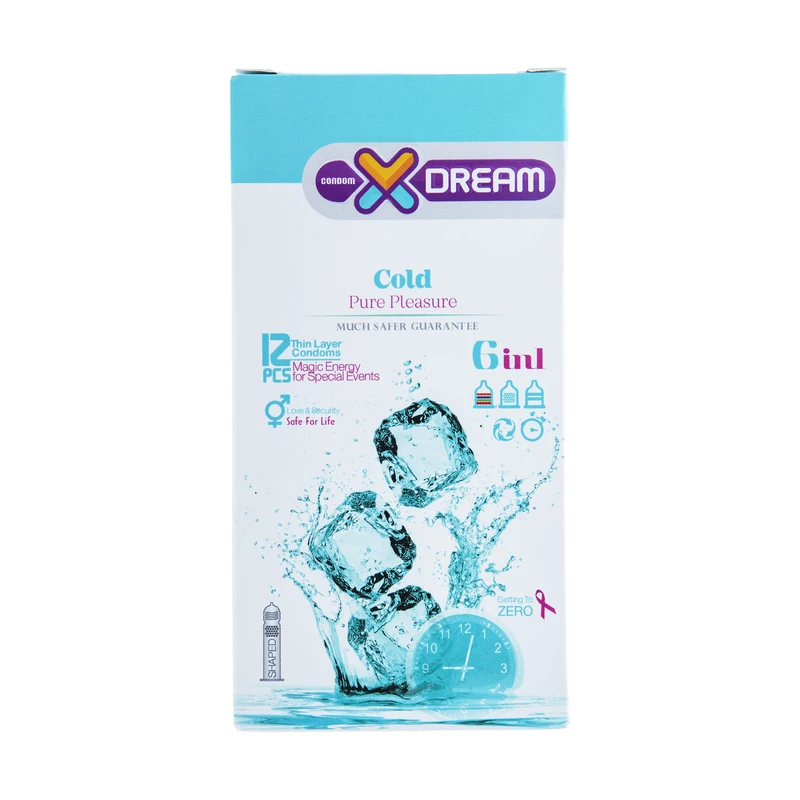 کاندوم تاخیری خاردار و شیاردار ایکس دریم مدل Cold با خاصیت خنک کنندگی بسته 12 عددی