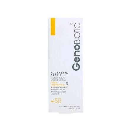 کرم ضد آفتاب SPF 50 ژنوبایوتیک مناسب پوست چرب و مختلط حجم 50 میلی لیتر - بژ روشن