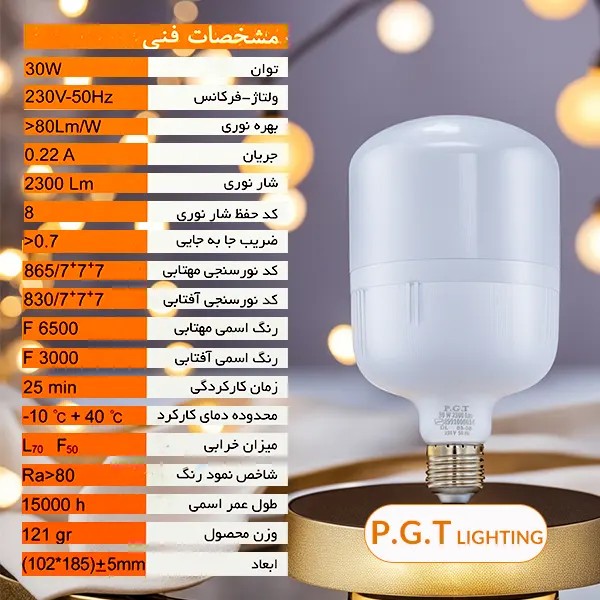 لامپ ال ای دی 30 وات استوانه ای PGT(عمده)