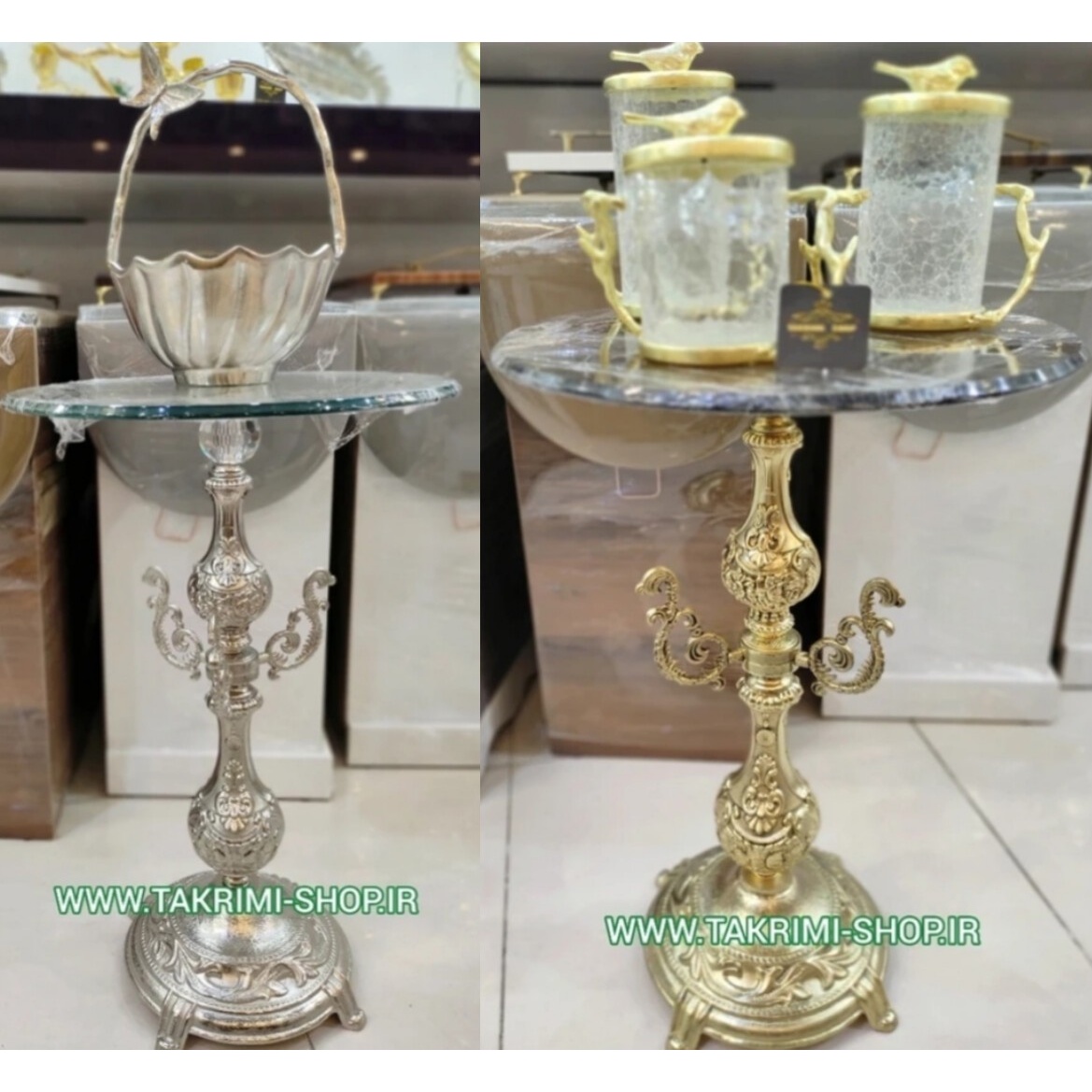 میز تلفن یا میز خاطره نقلی کنار سالنی ( طلایی و نقره ای )