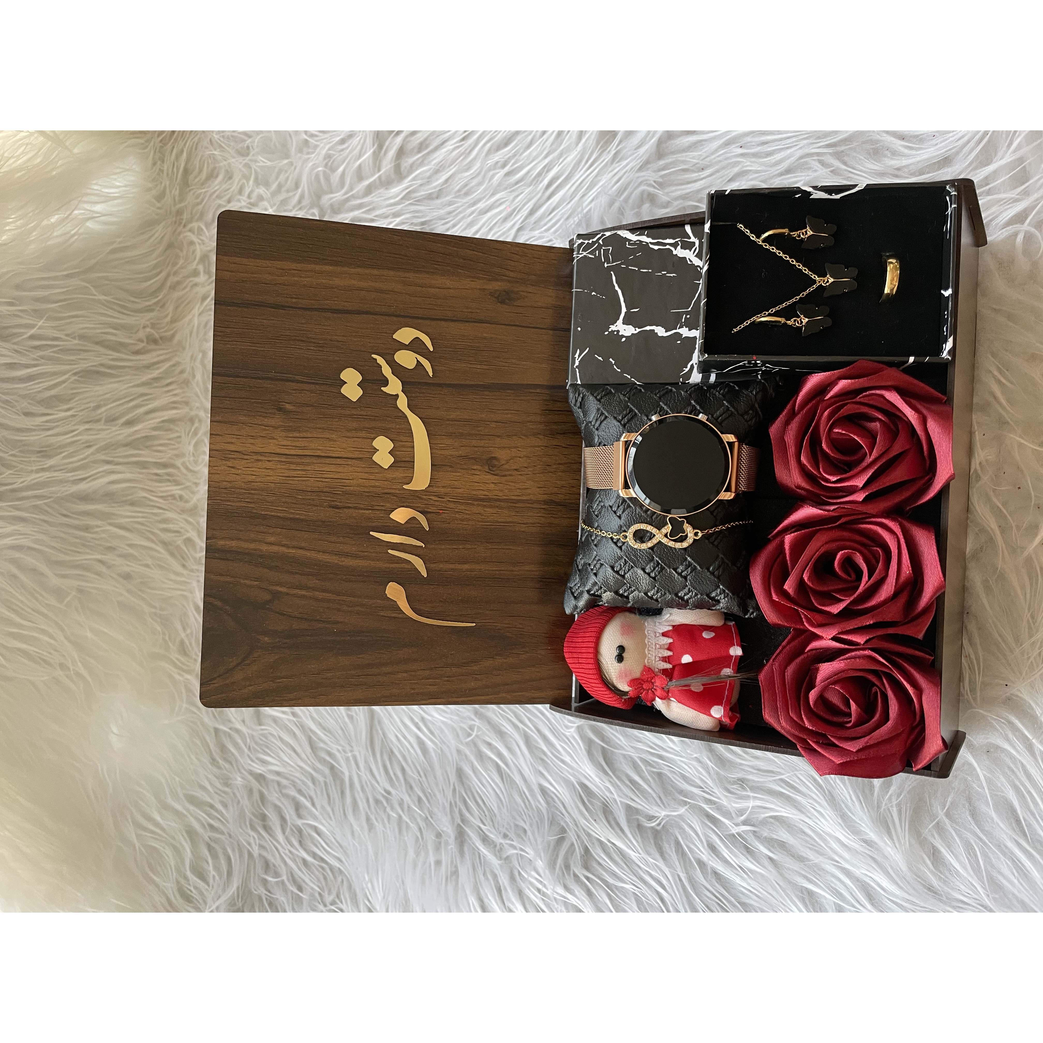 (ارسال رایگان) پک هدیه زنانه شیک باکس چوبی کادویی-ساعت و نیم ست پروانه خاص ویژه روز زن