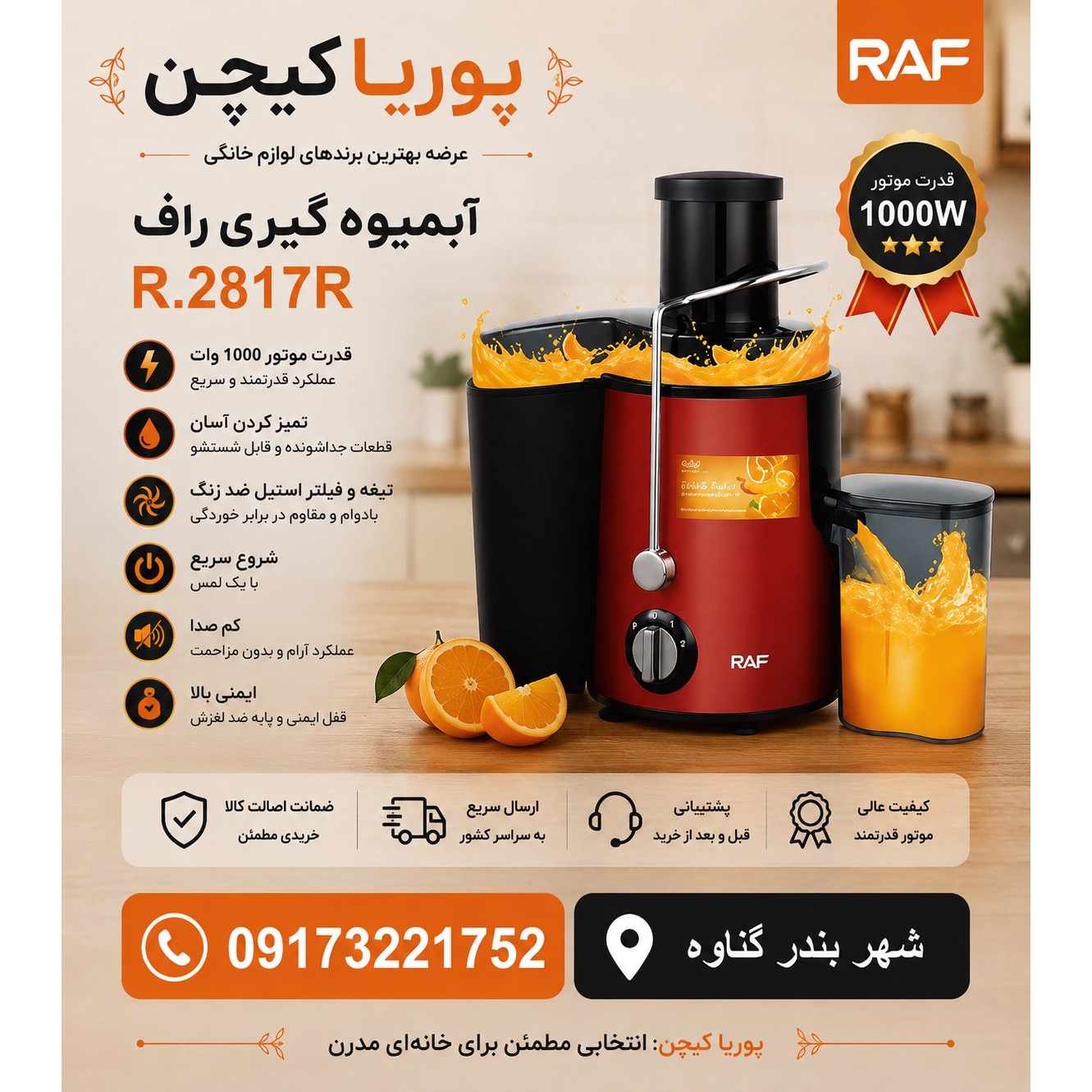 آبمیوه گیری تک کاره راف مدل R2817 ظرفیت 450 میلی لیتر