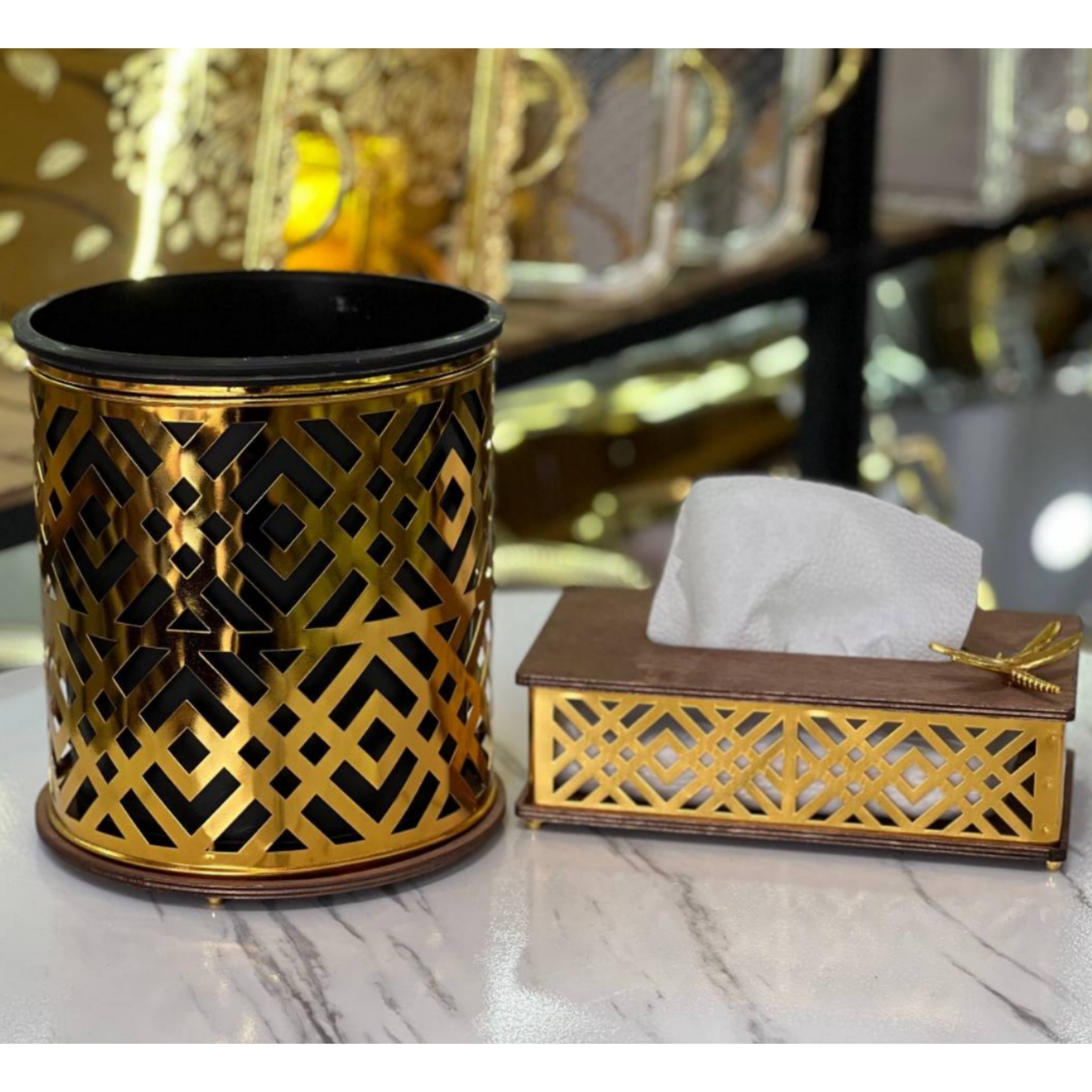 سطل و دستمال لیزری چوبی طرح سنجاقک طلایی